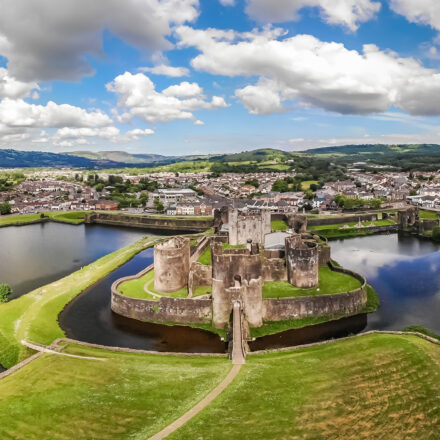 Aerial view of Caerphilly castle in summer, Wales